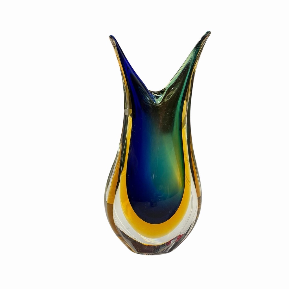 Authentic Murano Sommerso Art Glass Vase 10" Blue Green Amber Vetro Artistico